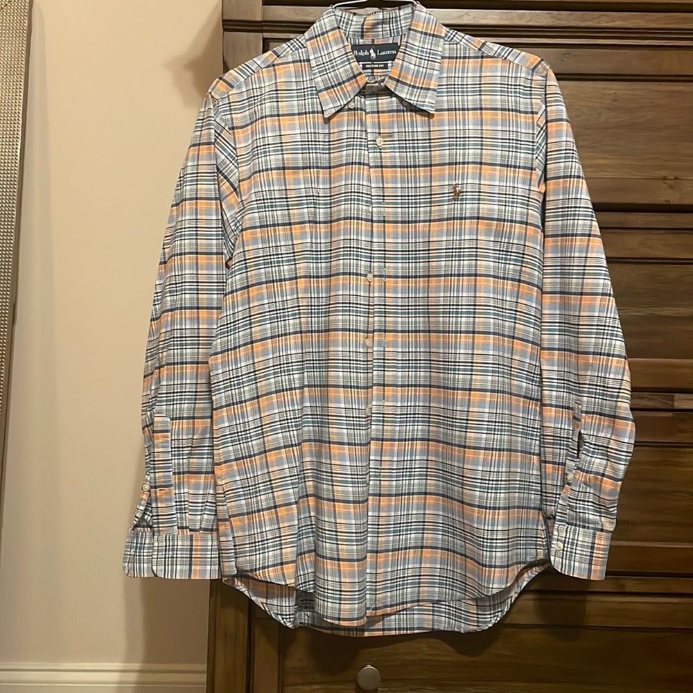Mens Blue and Orange Plaid Button Down